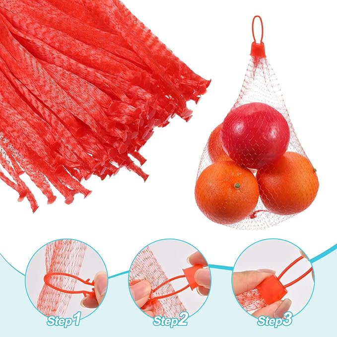 uxcell 100 Pcs Reusable Mesh Produce Bags, 30cm/12 Inch Washable Net Storage Bags Reusable Grocery Reusable Storage Bags with Plastic Buckle for Fresh Fruit Vegetables Seafood, Red
