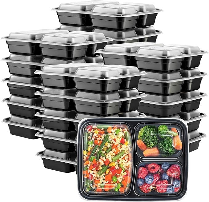 GUSTO [24 oz - 50 Count 3-Compartment Meal Prep Containers with Lids – Reusable, Microwaveable, Dishwasher & Freezer Safe, BPA-Free Food Storage Boxes for Portion Control (Formerly Comfy Package)