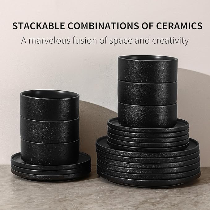 GZG Classic Series - Plates and Bowls Set for 2, 6 Piece Stoneware Dinnerware Sets, Microwave and Dishwasher Safe Lead-Free Handcrafted Ceramic Dishes Set - Frosted Matte Black
