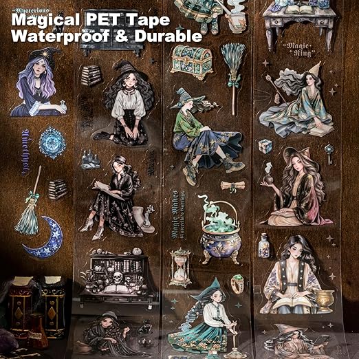 Magic-Themed PET Sticker Tape Set – 6 Rolls Pre-Cut Fantasy Witch Designs, Adhesive, with Clip for Scrapbook, Journal and DIY Decoration
