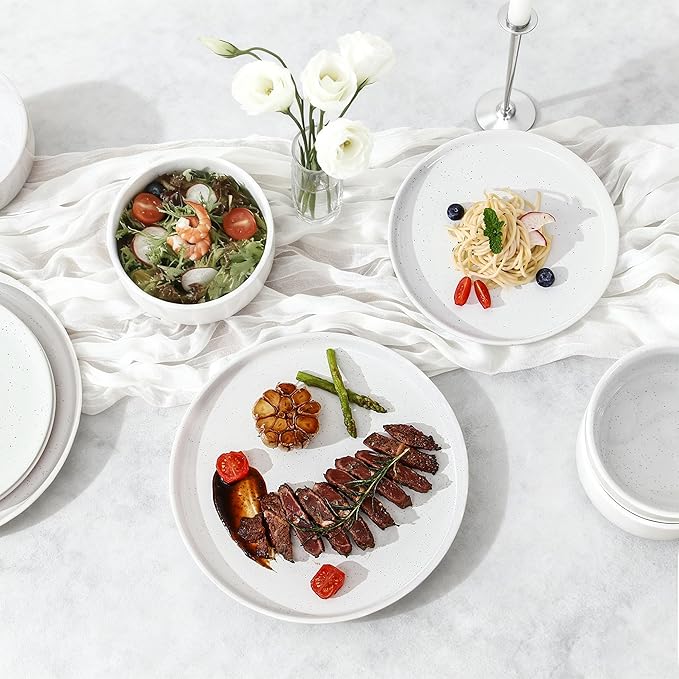 GZG Modern Art Series - 24 Pcs Speckled Stoneware Plates and Bowls Sets, Ceramic Dinnerware Set with Rustic Terracotta Underside, Microwave and Dishwasher Safe Handcrafted Dishes Set - Porcelain White