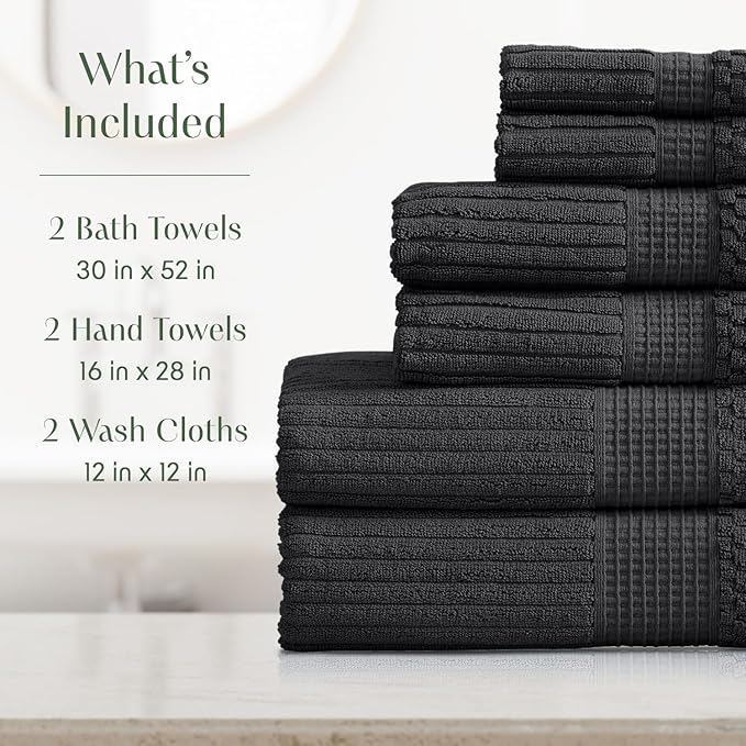 Springtree Home 100% Cotton Bath Towel Set | 6 Piece Set | Absorbent & Quick-Dry Bath Towels | Textured and Durable Cotton | Krista Collection - Black Ink