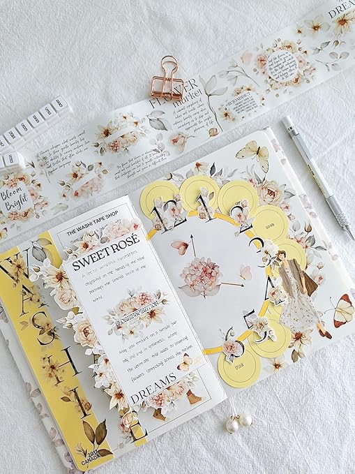 WT Pre-Cut Rosé Scripts Wide PET Tape, Single Roll, Original Designs, Blush Floral & Handwritten Script, Clear Decorative Tape for Junk Journal, Scrapbook, Bujo, Planner, DIY Crafts