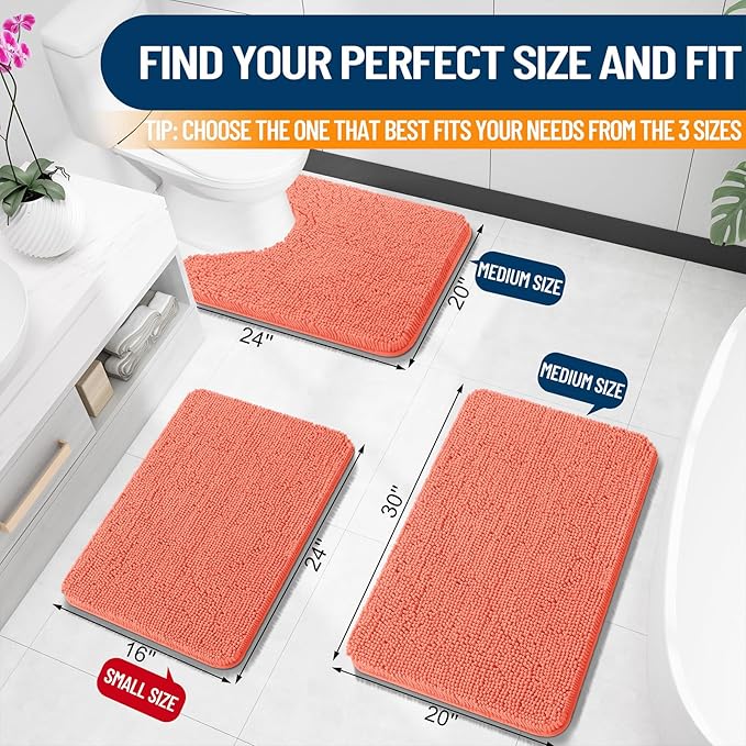 OLANLY Bathroom Rugs 30x20, Extra Soft Absorbent Chenille Bath Rugs, Rubber Backing Quick Dry, Machine Washable Bath Mats for Bathroom Floor, Tub and Shower, Home Decor Accessories, Coral
