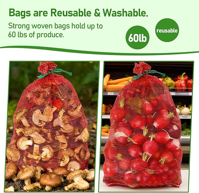 SHENLIU 50Pcs Extra Large Mesh Produce Bags, 21” x 32” Mesh Onion Bags 60lbs Reusable Drawstring Fresh Produce Storage Bag Washable Net Bag for Onions, Vegetables, Potatoes, Citrus, Crawfish, Firewood