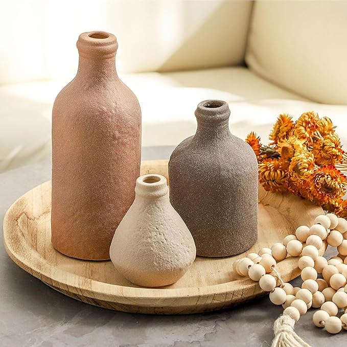 Ceramic Vase Set of 3, Vases Home Decor, Decorative Vases for Table, Boho Flower Vase Modern Neutral Vases for Room Decor, Table, Mantel,Entryway Living Room Kitchen Bedroom Bathroom - Brown