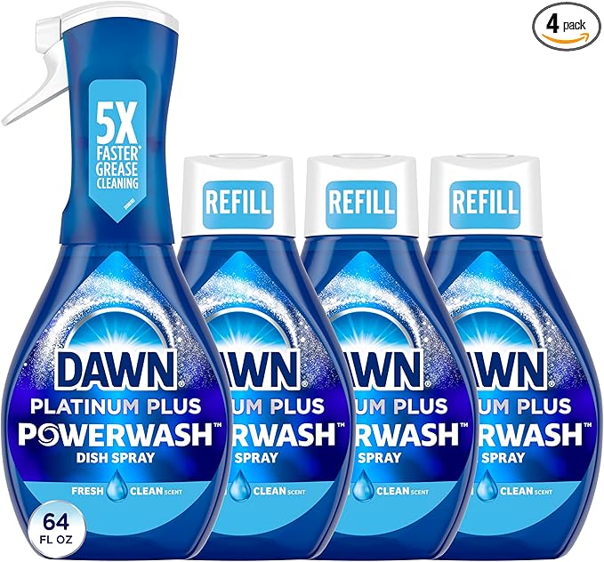 Dawn Platinum Powerwash Dish Spray, Dish Soap Liquid, Fresh Scent Bundle, 1 Spray (16oz) + 3 Refills (16oz each)(Pack of 4)