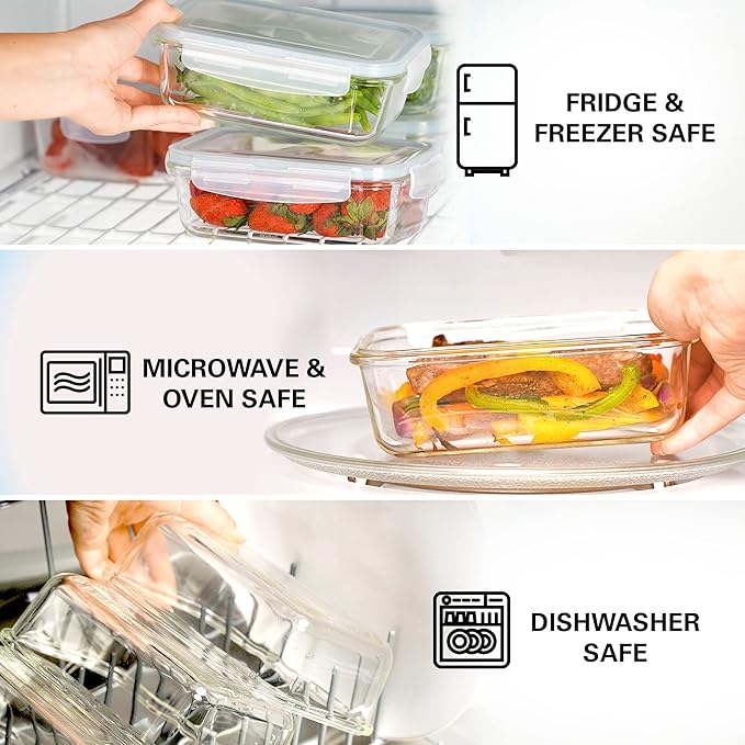 Razab 16 Pc (Set of 8) 30 Oz Glass Meal Prep Containers with Lids, Airtight Large Glass Food Storage Containers, Reusable Leak Proof BPA Free, Freezer to Oven and Dishwasher Safe