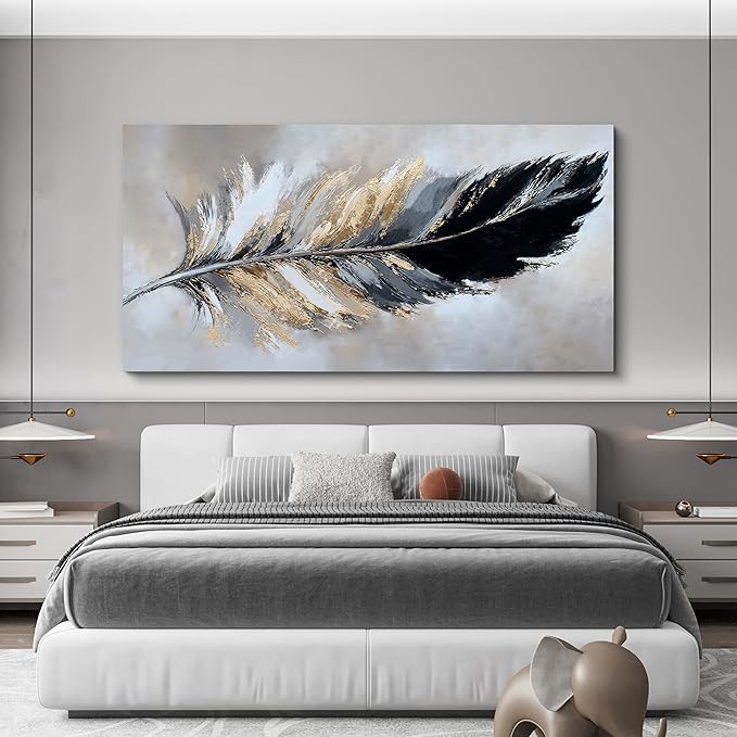 YISXINOAG Modern Canvas Wall Art Black and Gold Wall Decor Large Abstract Wall Art for Living Room Modern Home Decorations Abstract Art Prints Minimalist Feather Home Artwork Size 29"X58"