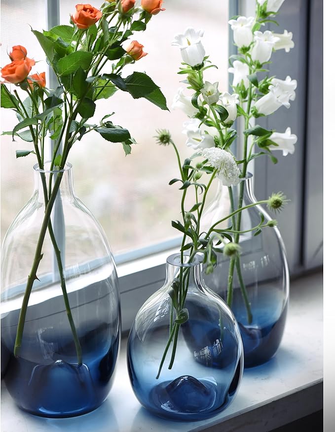CONVIVA Glass Vase Set Modern Blue Glass Flower vases Decorative Large Home Decor Living Room Dinning Table,Wedding Party Event Tall Tabletop Set of 3
