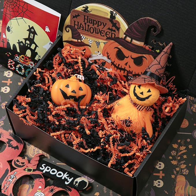 Mefleet 2 LB Halloween Crinkle Cut Paper Shred Filler Black & Orange Crinkle Shredded Paper for Gift Basket - Gift Box Bag Filler - Grass Cushion Stuffing for Halloween Packaging Wrapping