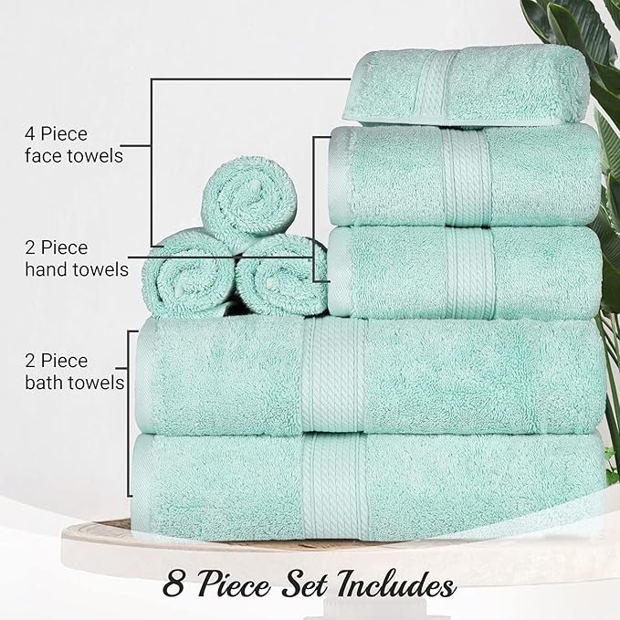 BLUENILEMILLS Madison Egyptian Cotton Towels, Towel Set for Bathroom, Shower, Hotel, Plush, 900 GSM, Highly Absorbent and Ultra-Soft Towels, Bath Essentials, 8 Piece Assorted Towel Set, Sea Foam