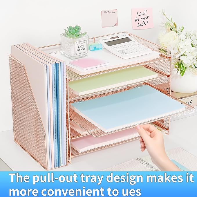OPNICE 5-Tier Paper Organizer with Magazine Holder, Desk Organizers and Accessories, Office Desk Accessories & Workspace Organizers, Desktop File Organizer for Office Supplies Storage, Rose Gold