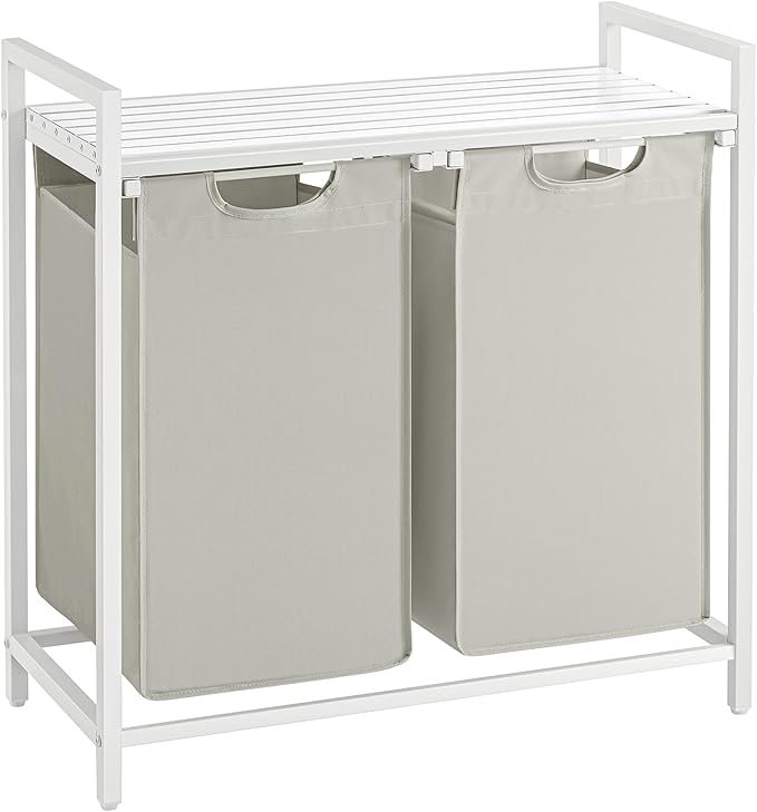 VASAGLE Laundry Hamper, Laundry Basket, Laundry Sorter with 2 Pull-Out and Removable Bags, Shelf, Metal Frame, 2 x 12.1 Gallons (46 L), 28.8 x 13 x 28.4 Inches, Cream White and Cloud White UBLH201W01