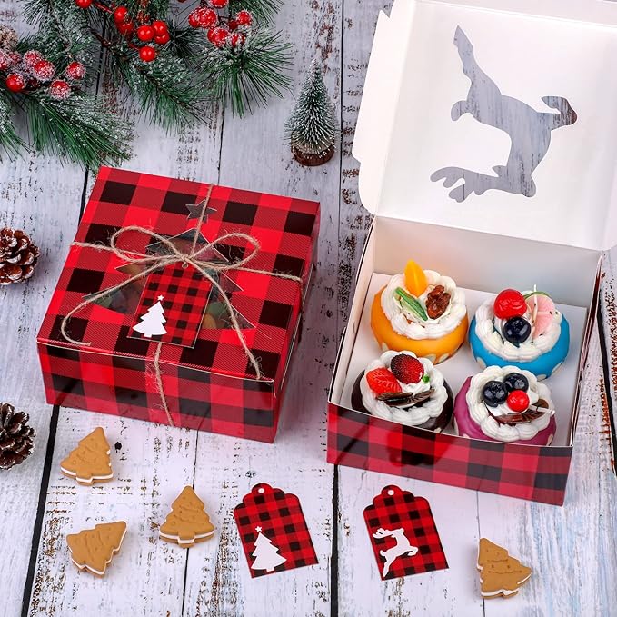 Ruisita 30 Pack Christmas Cupcake Boxes Plaid Cookie Gift Boxes Food Treats Container with Tags for Cupcake, Candy, Party Favors (Red+Black, 6.3 x 6.3 x 3 Inches)