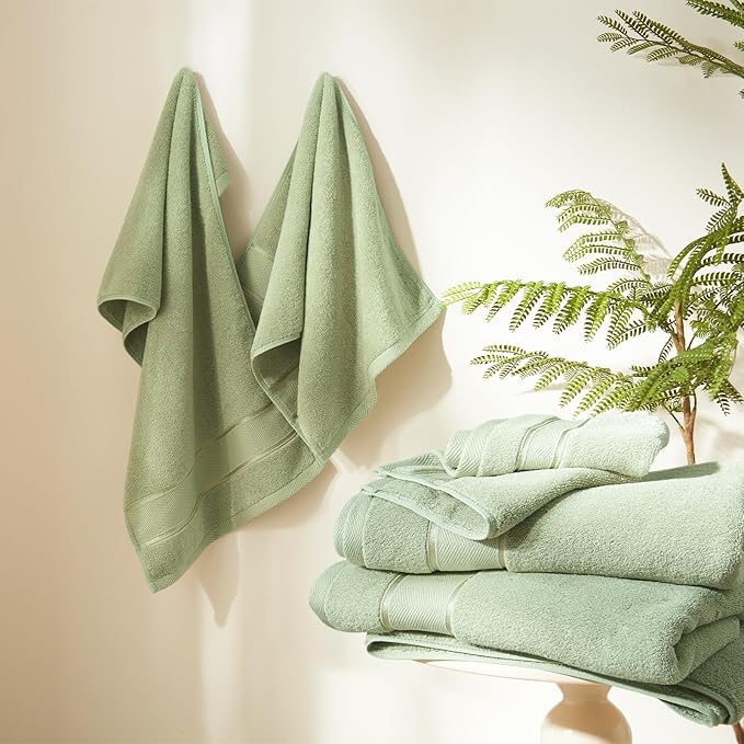 Marvione Bath Towels Set 6 Piece, 100% Turkish Cotton Highly Absorbent and Soft Towels for Bathroom 2 Bath Towels 2 Hand Towels 2 Washcloths, Sage Green