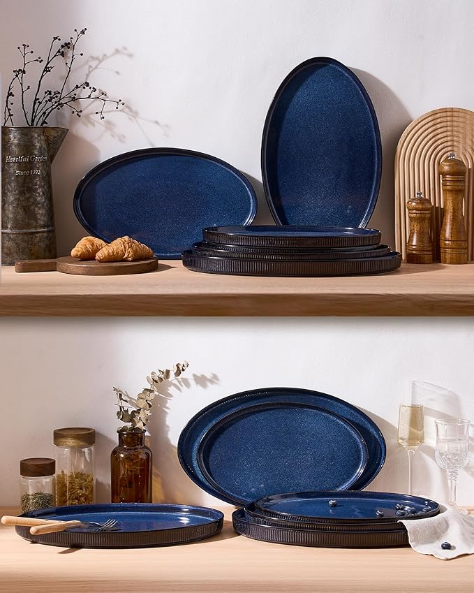 famiware Serving Platter, 16/14.6/12.9 Inch Serving Dishes for Entertaining, Party Serving Trays for Food, Buffet Oval Platters for Food, Large Plates for Bread Turkey Cheese Appetizer, Nebulas Blue