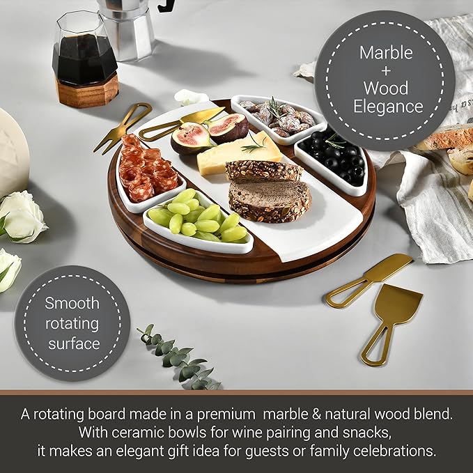 Shanik Acacia Wood Lazy Susan Cheese Board Set – Rotating Charcuterie Platter with 4 Ceramic Bowls & Knives, Round Serving Tray for Weddings & Parties