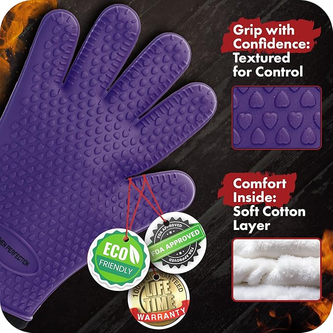 KITCHEN PERFECTION S Silicone Smoker Oven Gloves -Extreme Heat Resistant BBQ Gloves -Handle Hot Food Right on Your Grill Fryer Pit|Waterproof Oven Mitts |Superior Value Set+3 Bonuses