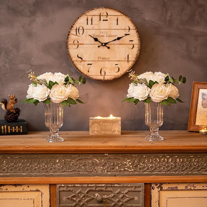 Glasseam Pedestal Glass Vase for Flowers, 7.5in Tall Compote Vase Set of 3, Crystal Clear Vases for Centerpieces, Ribbed Decorative Vases for Home Decor, Cute Footed Urn for Living Room Decorations