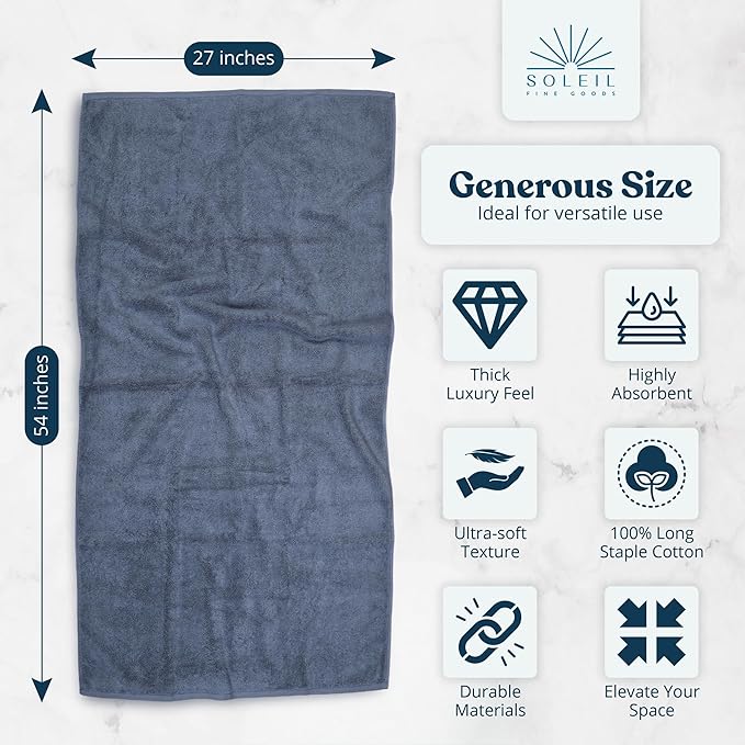Soleil Fine Goods Luxurious 800 GSM 100% Cotton Bath Towel Set (4-Pack, 27x54) - Heavyweight & Ultra Absorbent, Plush Softness for Bathroom | Hotel & Spa Quality Luxury Towels- Blue Grey