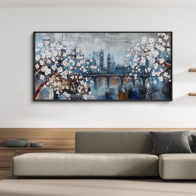 KLAKLA Large Wall Art for Living Room City Scenes - Black Frame Large Abstract Wall Decor Bedroom Office Landscape Plum Blossom Picture Artwork for wall Modern Home Decoration