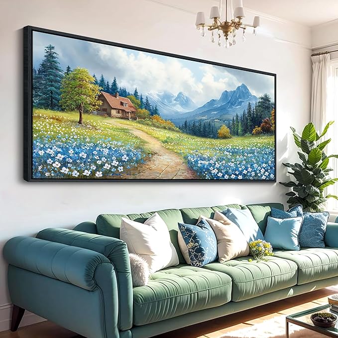 CHATYOUNG Blue Mountains Wall Art, Rustic Forest Flowers Extra Large 32"X71" Wall Picture Path Cottage Landscape Framed Paintings for Living Room Above Sofa Office Bedroom Kitchen Home Decor