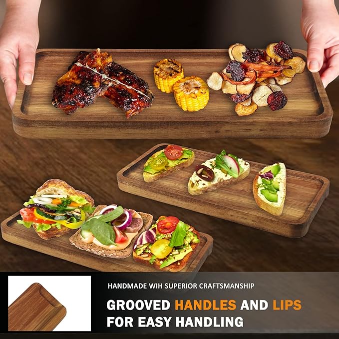 Wooden Serving Platter, 11.8 x 5.1 Inch, Set of 3, Acacia Wood Tray, Perfect for Serving Charcuterie, Desserts, Dips, Sushi, Parties, Family Gatherings, Weddings, and Home Decor, by GNIEMCKIN.