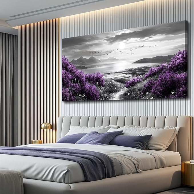 Canvas Wall Art for Living Room Large Wall Decor for Bedroom Modern Office Wall Decoration Purple Flowers Landscape Paintings Black and White Scenery Pictures Artwork Aesthetic Home Decor