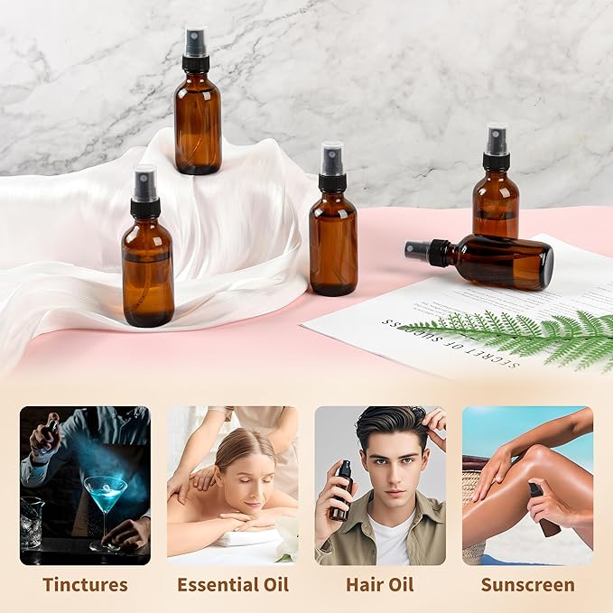 BILLIONSTARS 48 Pack 2oz Glass Boston Round Bottle with Fine Mist Sprayer - Amber - Essential Oils, Bath, Beauty, Hair & Cleaning - Leakproof Travel Bottles