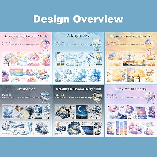 Sky Series PET Tape Sticker Set 6 Rolls Featuring Thunderstorm Starry Night Sunset and Foggy Cloud Designs for Scrapbooking Journaling Planner Decoration and DIY Craft