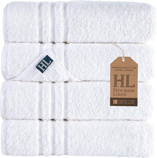 Hawmam Linen White Bath Towels 4 Pack 27 x 54 Inches 100% Turkish Cotton Soft Lightweight and Highly Absorbent Quick Drying Towels, Premium Quality Perfect for Daily Use
