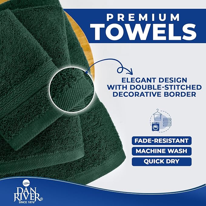 DAN RIVER 8 PC Luxury Bath Towels for Bathroom, 2 Bath, 2 Hand, and 4 Wash Cloths, 600 GSM 100% Ring Spun Cotton Towel Set, Highly Absorbent, Gym, Hotel, and Spa, Hunter Green