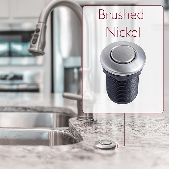 Disposal Air Switch Kit for Garbage Disposal Hands-Free On/Off Control UL Approved Includes 6' Air Tube 1-3/8" Air Button Safe & Convenient for Kitchen No Wiring Needed (Brushed Nickel)