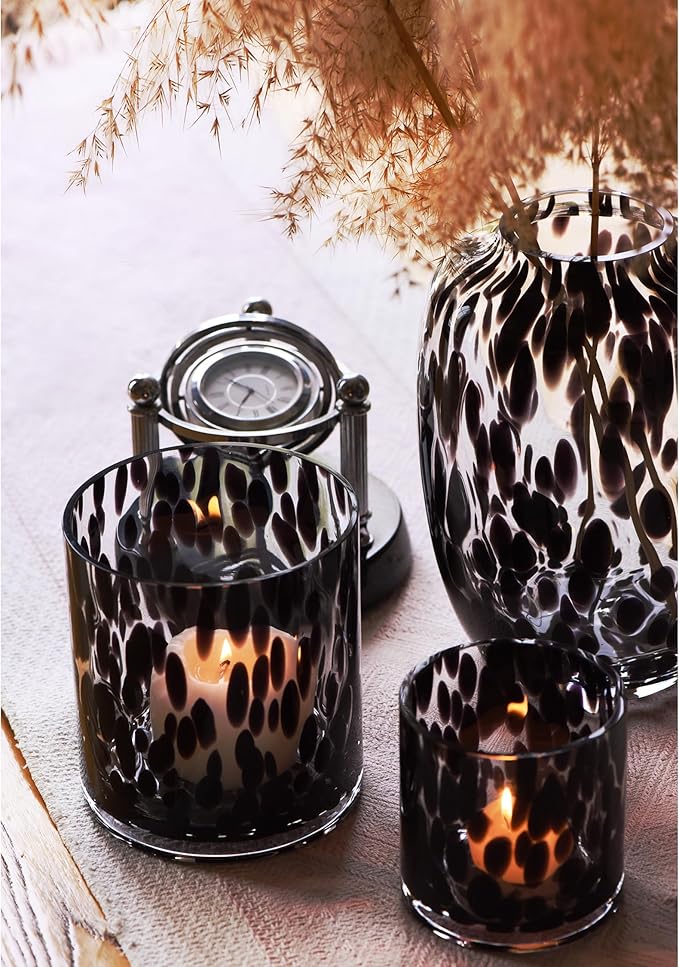CONVIVA Glass Vase and Candle Holder Set, 3-Piece,Modern Fall Decor Table Centerpiece Thanksgiving Christmas Day Gift Idea,Flower Vase Black Tortoise Pattern