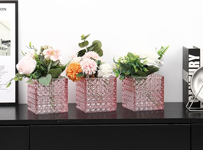 Square Vases Set of 6, 4" x 4" x 4" Square Glass Vases for Flowers, Pink Flower Vase for Centerpieces, Small Bubble Vase for Wedding, Party, Home, Office, Parties, Events