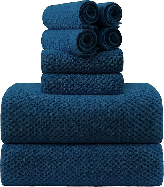 8-Piece Navy Bath Towel Set, 2 Extra Large Bath Towel Sheets, 2 Hand Towels and 4 Washcloths - Highly Absorbent Quick Dry Microfiber,Ultra Soft Towel Set for Bathroom, Waffle Weave Design, Pack of 8