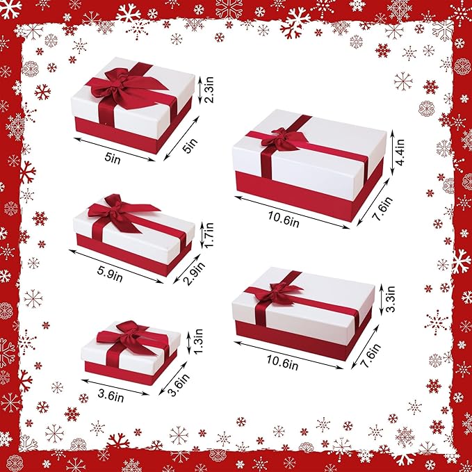 Tenceur 10 Pcs Gift Boxes with Lids Heavy Duty Nested Assorted Sizes Cardboard Gift Boxes for Presents with Ribbon for Xmas Holiday Present(Red, White,5 Size)