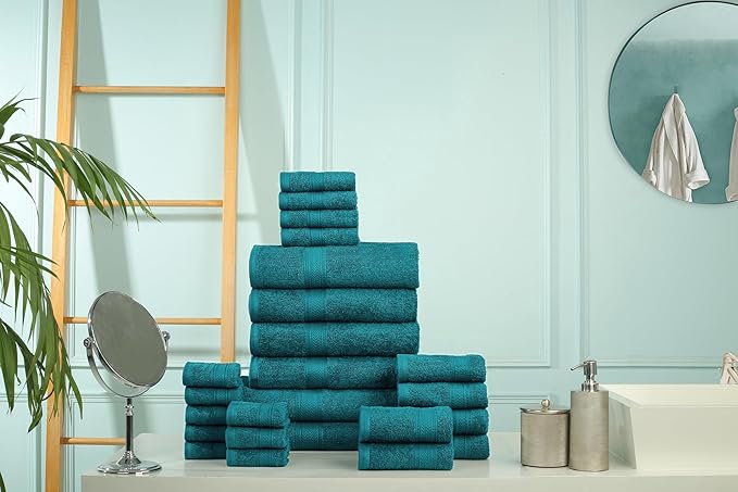 HILLFAIR 100% Cotton Towels Set for Bathroom, Quick Drying, High Absorbent 24Pc Towel Set, 2 Bath Sheets, 4 Bath Towels, 6 Hand Towels, 4 Fingertip Towels, 8 Washclothes: Teal (600GSM-24PC-TEAL)