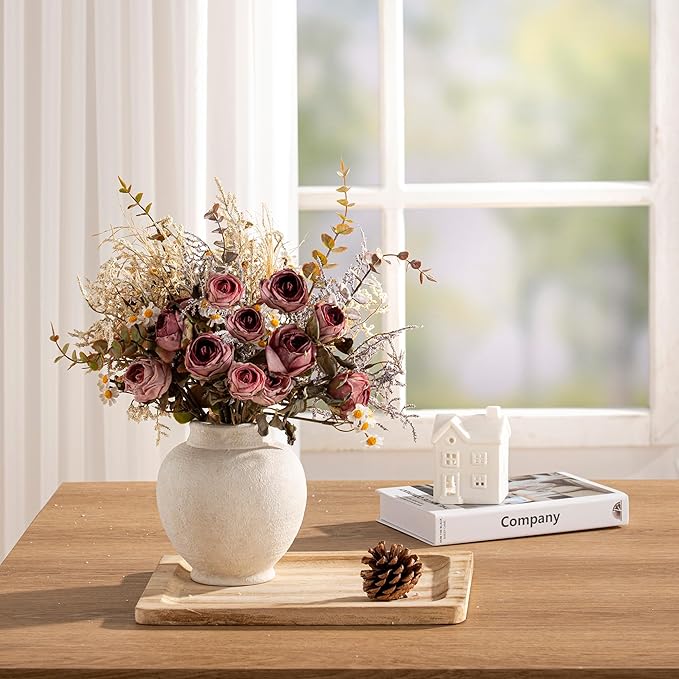 Ceramic Rustic Farmhouse Vase, 6 Inch White Small Flower Vase Decorative Vase Short Pottery Vases for Home Decor Table Living Room Entryway Mantel Bookshelf Bedroom Bathroom Kitchen - White