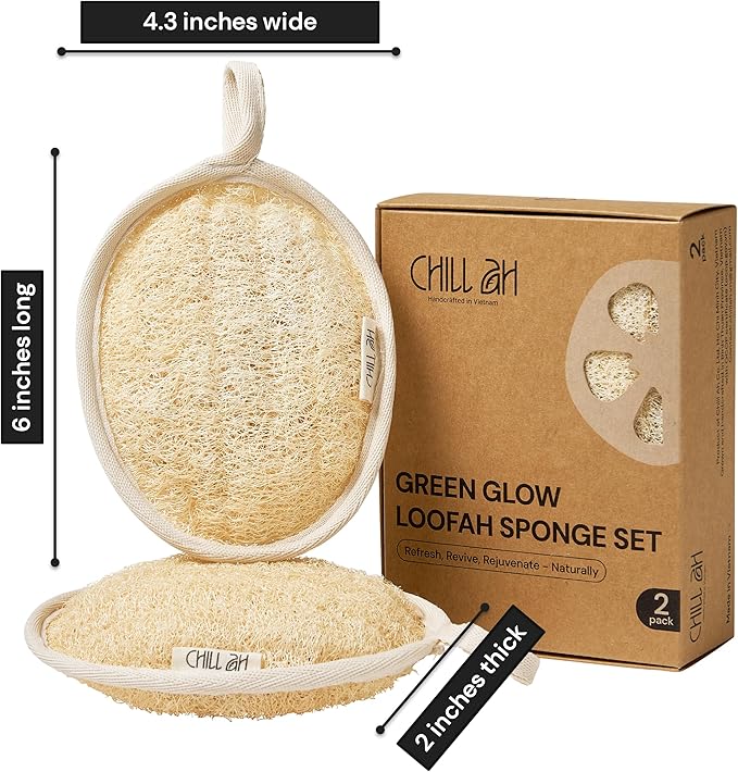 Chill Ah Green Glow All Natural Exfoliator Dual Sided Loofah Bath Sponge Set – 100% Plant-Based, dye-Free, Biodegradable, Scratch-Free, Handcrafted in Vietnam (2-Pack)