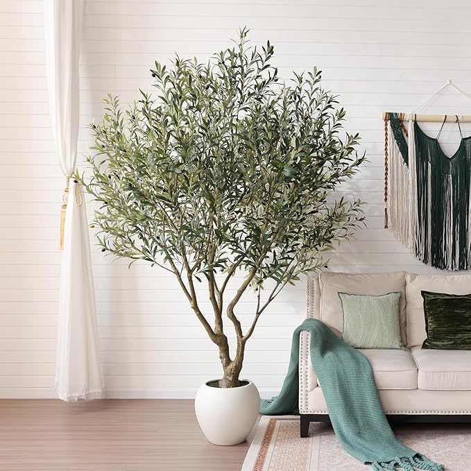 Olive Trees Artificial Indoor 8FT, Tall Faux Olive Tree with Round White Planter, Outdoor UV Resistant Large Fake Olive Plants, Modern Home Decor for Living Room Office Porch