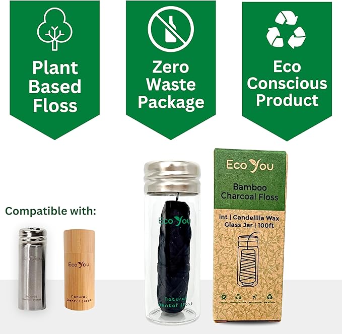 Bamboo Charcoal Dental Floss | Mint & Candelilla Wax | Vegan & Biodegradable (2 Refills Pack)