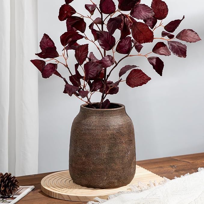 Briful 8.3in Rustic Ceramic Vase, Brown Vintage Flowers Vase, Extra-Large Rustic Farmhouse Vase, Whitewashed Terra Cotta Vase, Antique Pottery Pampas Vase for Home Living Room Kitchen Mantel Decor