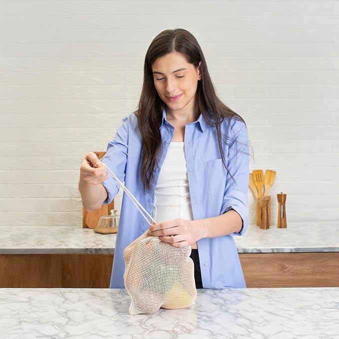 Premium Organic Reusable Mesh Produce Bags, Pack of 6(2L+2M+2S) Washable Mesh bags for Vegetables, Durable, Double Stitched Produce Bags, Machine Washable - Beige