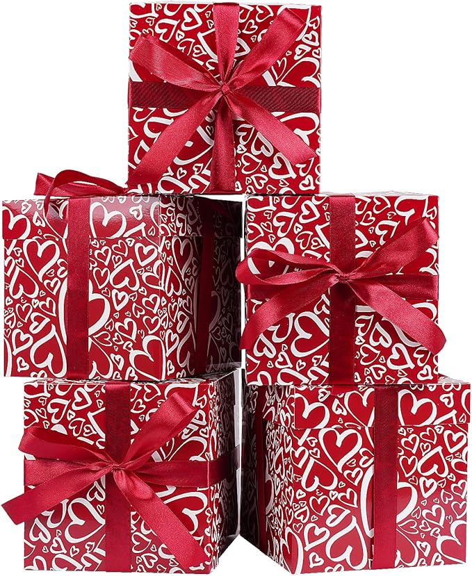 Jaywayang 5 Pack Red Valentine Gift Boxes with Lids, Ribbons and Tissue Papers Square Gift Boxes - 7.1 Inch - Christmas Presents Wrapping Valentine's Day Decoration Birthday Anniversary Party Favor Boxes.