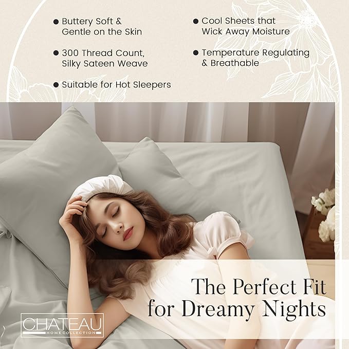 Organic Cotton Sheets Queen Size Bed Set Deep Pockets, 4 PC Cotton Queen Sheet Set, Soft Breathable Sateen Weave Elasticated Sheet & Pillowcase Sets, No Pill & Shrink, Machine washable- Silver