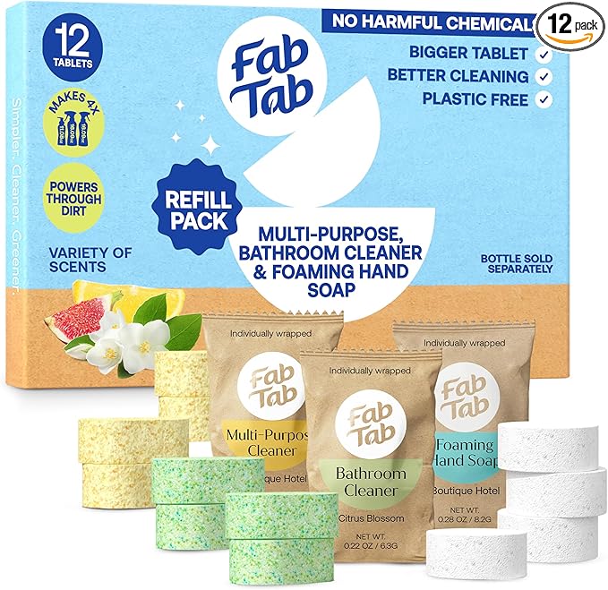 Fab Tab Home Cleaning Kit Refill Tablets - All-Purpose Cleaner, Bathroom Cleaner & Foaming Hand Soap Tablet Refills - Plant-Based - Platic-Free - No Harsh Chemicals - (Bottles Not Included)