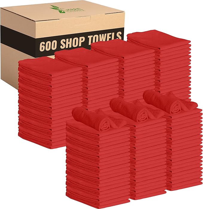 GREEN LIFESTYLE 600 Pack 12x14, Red Shop Towels 100% Cotton, Super Absorbent and Durable for Car, Reusable Shop Rags