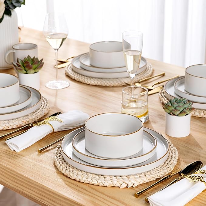 LERATIO Ceramic Dinnerware Sets for 4,Matte Stoneware Plates and Bowls Set, Chip and Crack Resistant | Oven & Dishwasher & Microwave Safe Dishes Set, Service for 4-Dusted Gold Rim